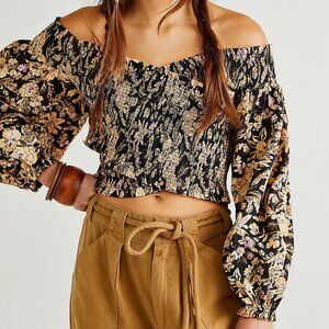 NWT Free People East To West Smocked Top Off the Shoulder Black Size Medium M